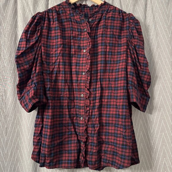 Plaid Ruffle Short-Sleeve Flannel Shirt - Large Tall - GAP - Picture 2 of 8